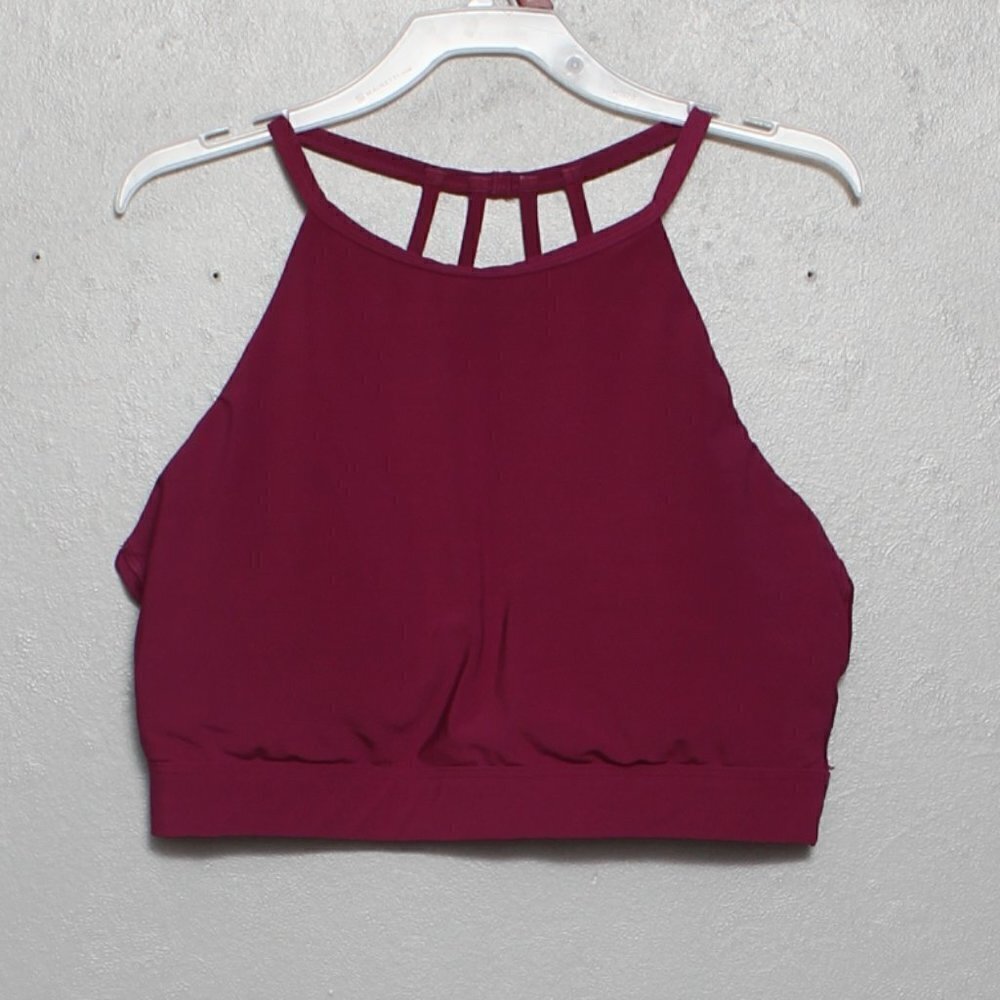 All in motion burgundy halter neck strappy back sports bra bralette